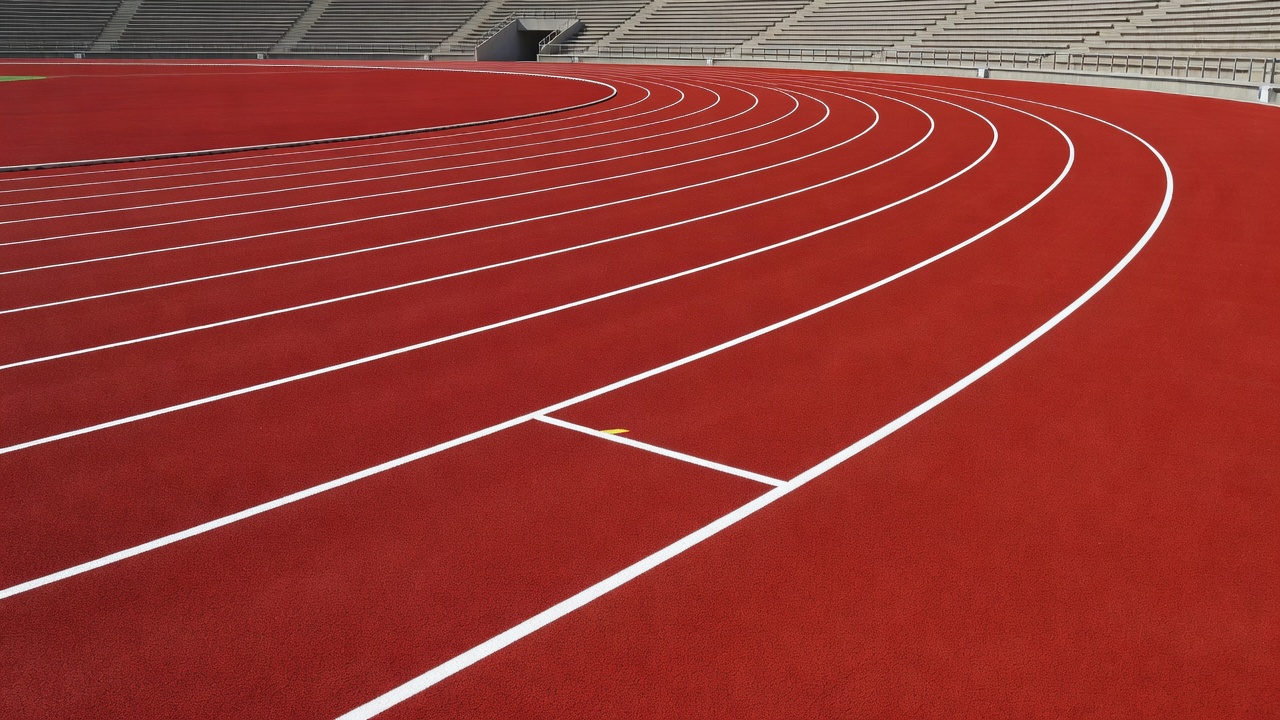 Clean red athletics track curving around a stadium with precise white lane markings