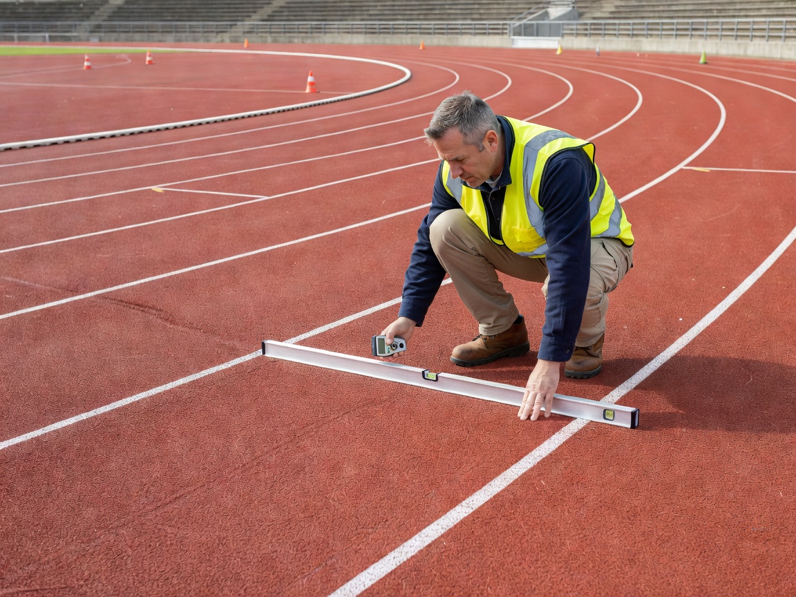 Engineer inspecting the surface level and drainage gradient of a running track