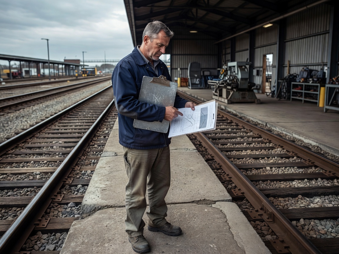 Facility manager analyzing maintenance reports and track conditions on a clipboard