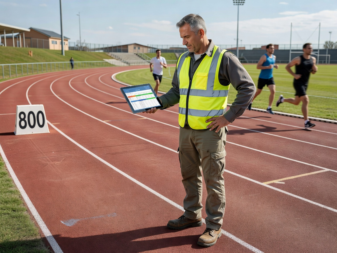 Facility manager reviewing track maintenance schedules on a tablet next to a running track
