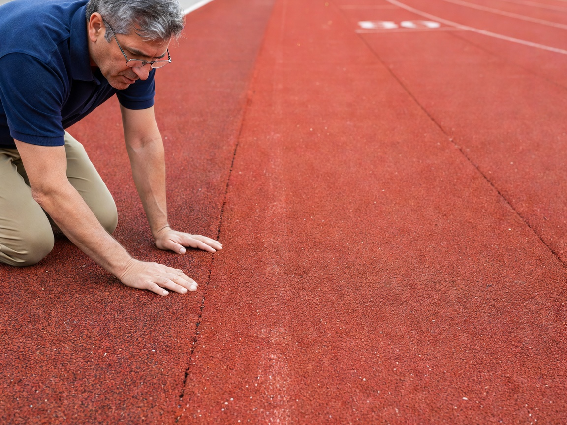 Inspector looking closely at the texture and seams of a synthetic running track