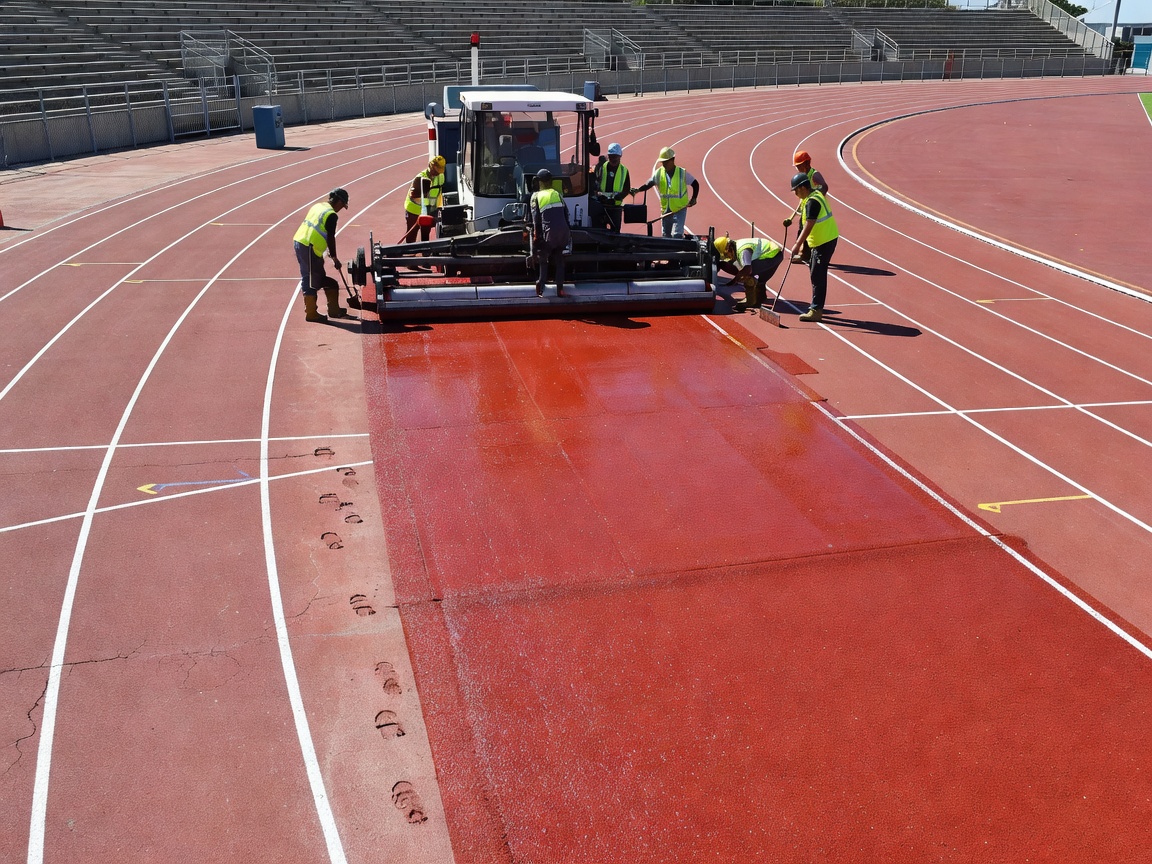 New synthetic red rubber surface being applied by machinery on an athletic track