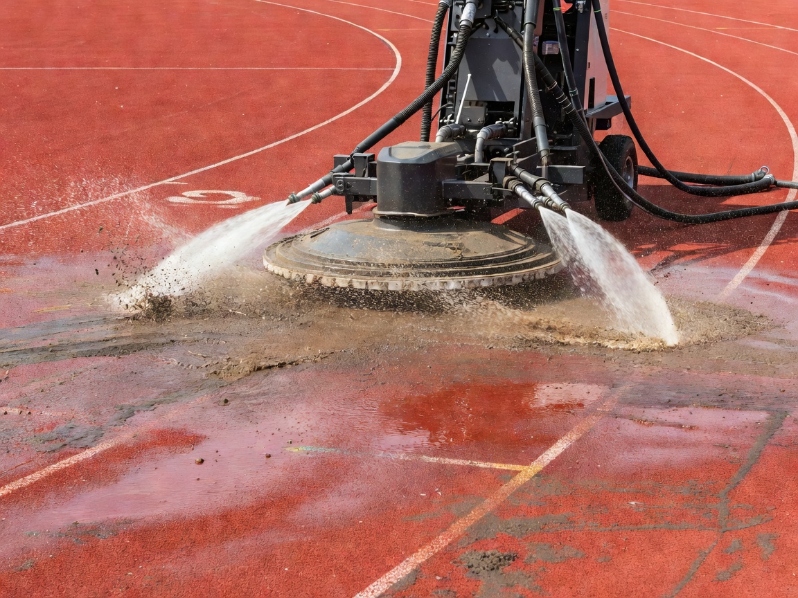 Specialist high pressure rotary cleaning equipment removing dirt from a red athletics track