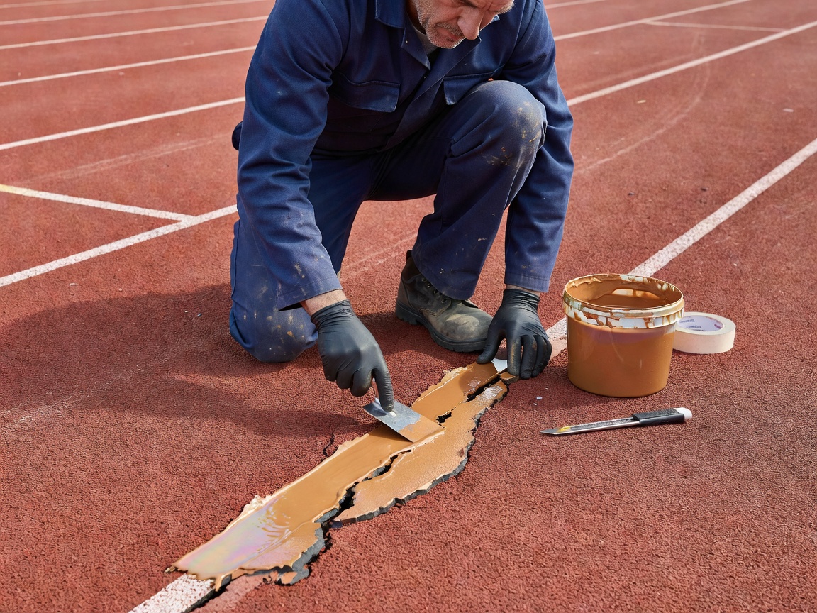 Worker carefully applying a specialized polyurethane patch to a damaged running track seam