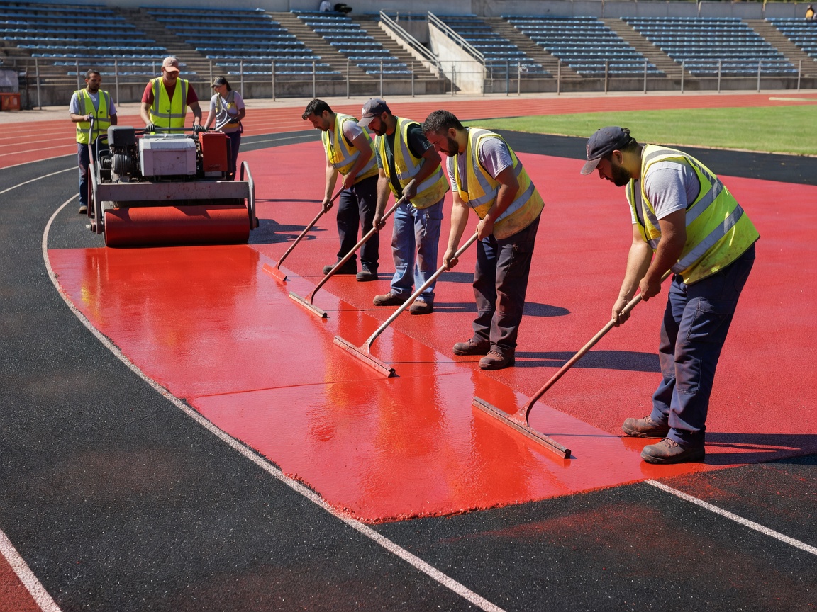 Workers laying down fresh red polyurethane surface on a running track